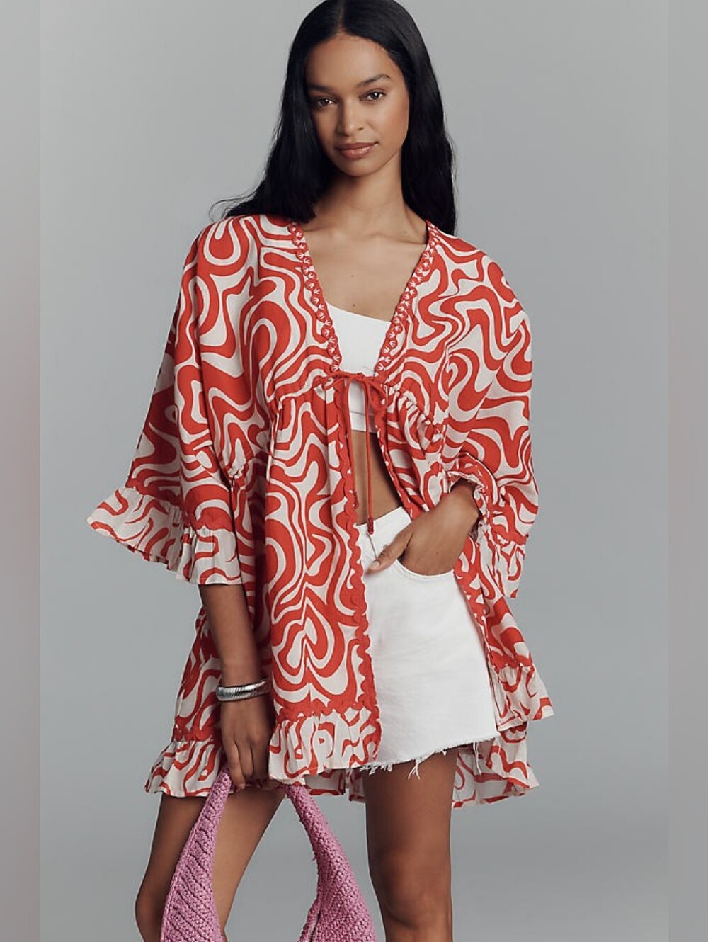 Conditions Apply Tie Front Cotton Linen Shawl Jacket